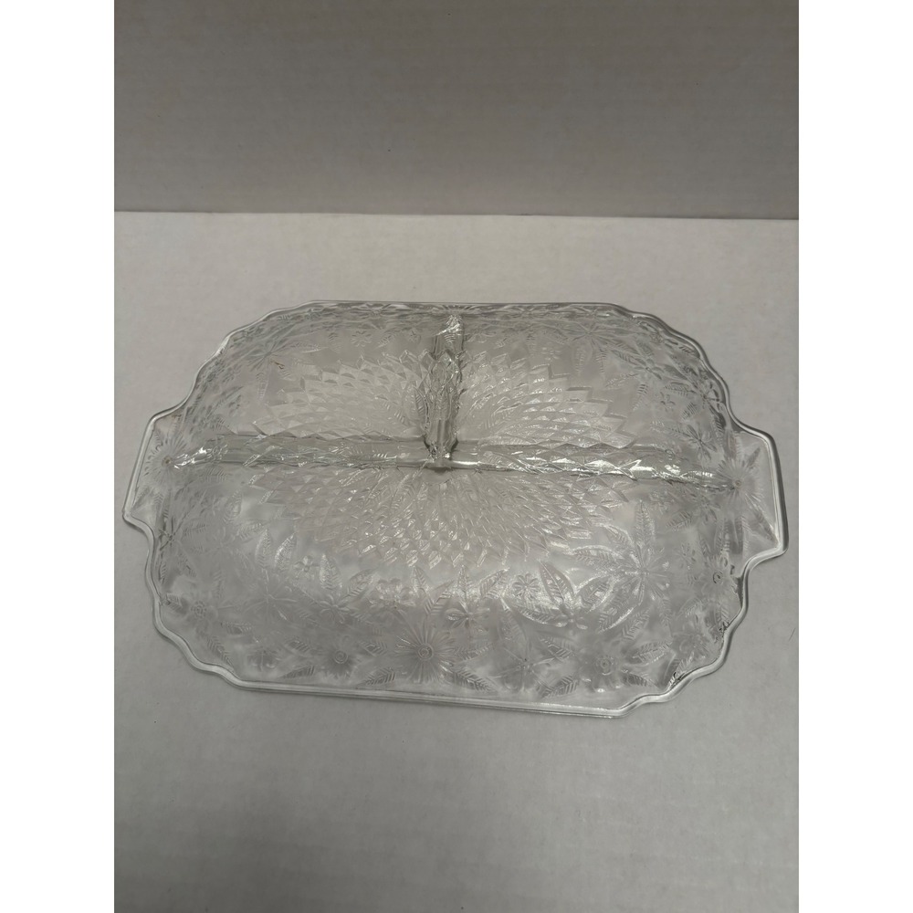 Vintage Clear Pressed Glass Divided Relish Dish Floral Sunburst 3 Compartment - Picture 3 of 4